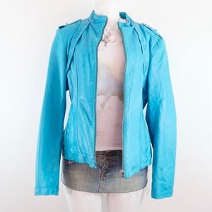 y2k teal blue leather jacket fitted zip up moto 2000s danier